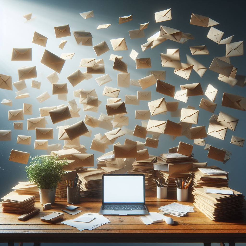 Enorme pile d'email flottant dans un bureau